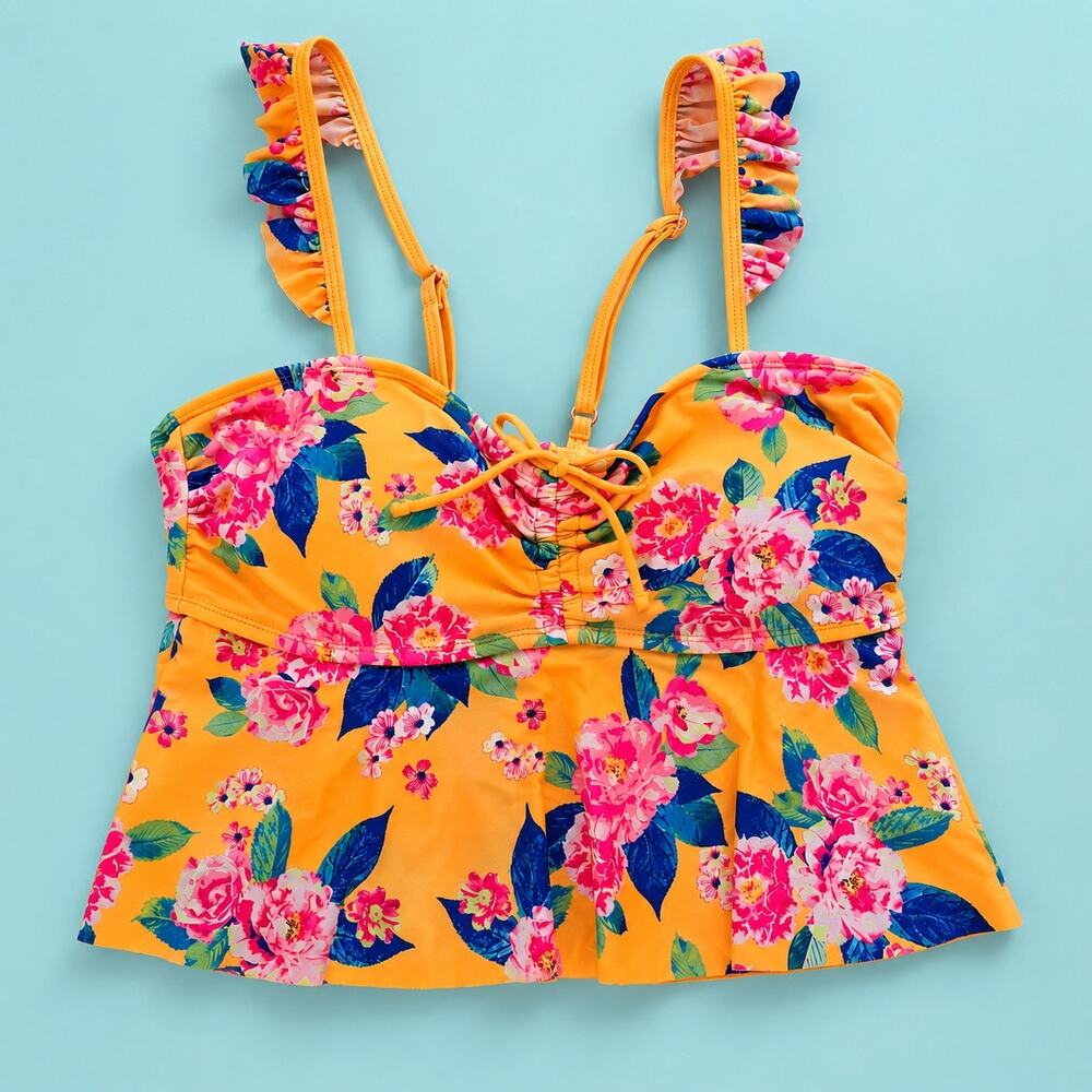 NWT Arizona Jean Co Floral Tankini Swim Top Ruffle Straps Orange Yellow XXL